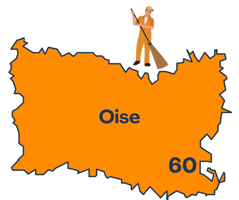Carte orange du département de l'Oise (60) avec une personne qui débarrasse illustré en haut, texte « Oise» au centre. Débarras Oise 60.