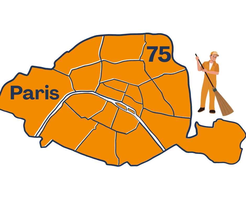 Carte orange du département de Paris (75) avec une personne qui débarrasse illustré en bas à gauche, texte « Paris » au centre. Débarras Paris75.