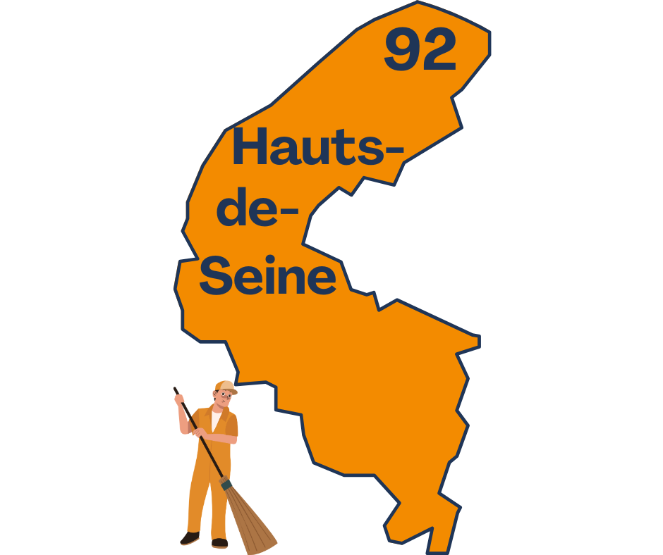 Carte orange du département des Hauts-de-Seine (92) avec une personne qui débarrasse illustré en bas à gauche, texte « Hauts-de-Seine » au centre. Débarras Hauts de Seine 92.