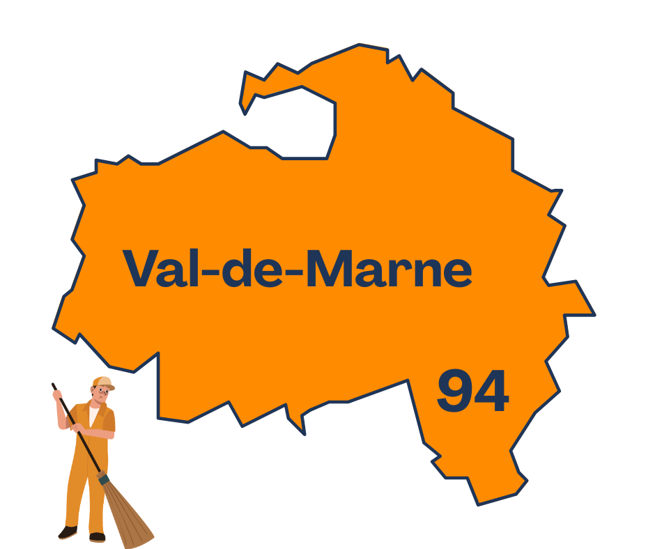 Carte orange du département du Val de Marne (94) avec une personne qui débarrasse illustré en bas, texte « Val de Marne » au centre. Débarras Val de Marne 94.