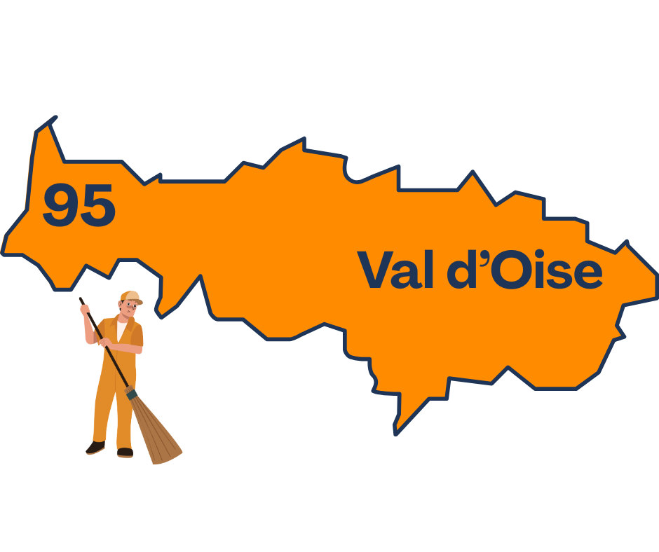 Carte orange du département du Val d'Oise (95) avec une personne qui débarrasse illustré en bas, texte « Val d'Oise » au centre. Débarras Val d'Oise 95.
