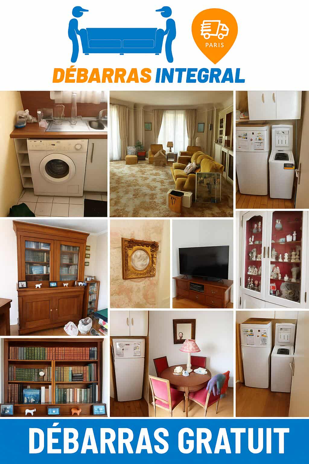 Affiche débarras gratuit Paris 75 et Ile-de-France. Débarras gratuit 92, 91, 93, 94, 95, 77, 78, 75, 60